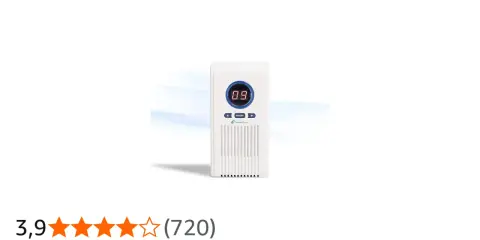 Dispositivo blanco para limpieza con ozono, con pantalla digital y botones.