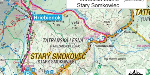 Trasa Stary Smokowiec - Hrebienok - Wodospady Zimnej Wody - Tatranská Lesná. Mapa turystyczna Tatr.