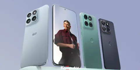 Cztery smartfony Motorola w różnych kolorach, z charakterystycznym logo producenta. Jeden z telefonów wyświetla portret kobiety.