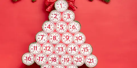 Kreativer Adventskalender aus Klorollen, geformt wie ein Weihnachtsbaum, mit nummerierten Türchen von 1 bis 24.