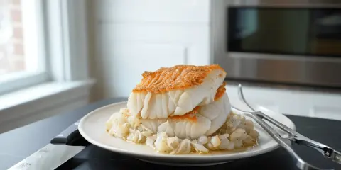 Dos filetes de bacalao dorado sobre una cama de cebolla confitada. Un plato perfecto para tus recetas de bacalao.