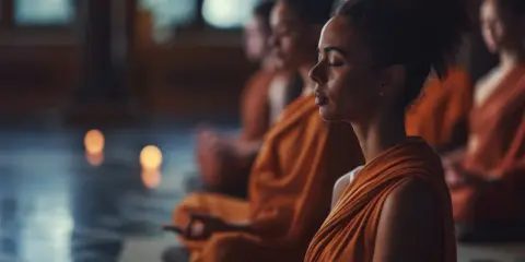 Människor i orange kläder sitter i meditation, en scen av buddistisk frid.