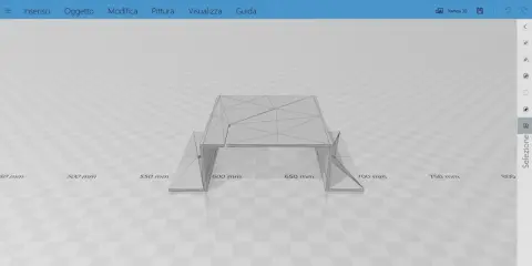 Un modello 3D di un supporto per ripiani, creato con un 3D builder. Le dimensioni sono indicate in millimetri.