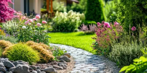 Ein schöner Weg lädt ein, den Garten gestalten mit wenig Geld. Blumen und Steine schaffen eine idyllische Atmosphäre.
