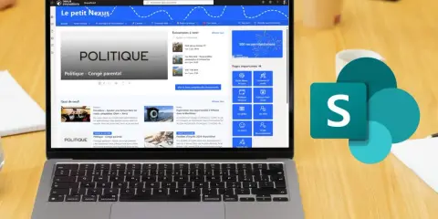 Un ordinateur portable affiche un intranet SharePoint, "Le petit Nexus", avec des articles sur la politique et des événements. Le logo de SharePoint est à côté.