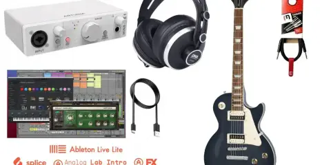 Zestaw do nagrywania gitary: gitara, interfejs audio, słuchawki, kable i oprogramowanie. Dowiedz się, jak ustawić wzmacniacz gitarowy w domowym studio.