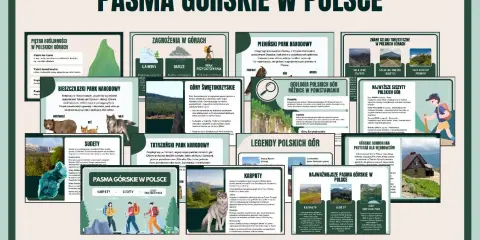 Podział gór w Polsce: Karpaty, Sudety, Góry Świętokrzyskie, Tatrzański Park Narodowy, Bieszczadzki Park Narodowy, Pieniński Park Narodowy.