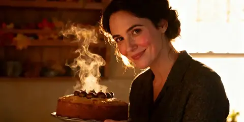 Une femme souriante présente un gâteau moelleux chataigne fumant, décoré de marrons.