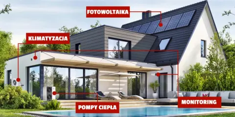 Nowoczesny ekologiczny dom z panelami fotowoltaicznymi, pompami ciepła, klimatyzacją i systemem monitoringu.