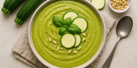 Vellutata di zucchine cremosa, guarnita con fette di zucchina, basilico e pinoli. Accanto, zucchine fresche e un cucchiaio.