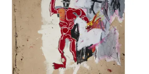 A red warrior, in the style of Basquiat, raises a sword against abstract, fiery chaos.
