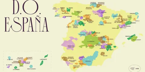 Mapa de España con las distintas denominaciones de origen de vino.