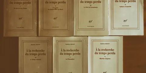 Una collezione di volumi di "Alla ricerca del tempo perduto" di Marcel Proust, editi da Gallimard, disposti su uno sfondo marrone.