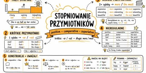 Stopniowanie przymiotnika: krótkie (-er/-est), długie (more/most), nieregularne. Przykłady: tall, taller, the tallest.