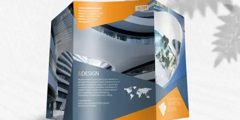 Trójwymiarowa ulotka reklamowa prezentująca nowoczesną architekturę. Różne rodzaje ulotek mogą tak wyglądać.