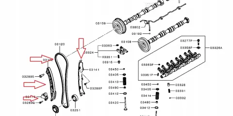 Schemat części silnika Mitsubishi Lancer 1.8 MIVEC, ilustrujący elementy potrzebne do wymiany rozrządu, w tym pasek i napinacze.