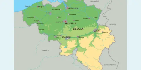 Mapa Belgii w Europie z zaznaczonymi miastami jak Bruksela, Antwerpia, Gandawa.