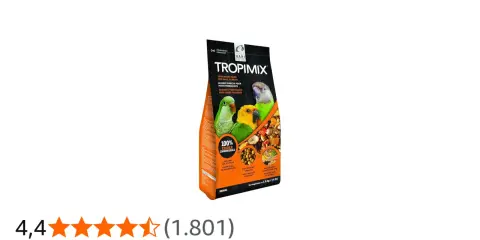 Sacchetto di cibo Hari Tropimix per piccoli pappagalli, con tre uccelli colorati e ingredienti naturali.