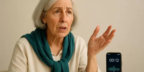 Anziana con espressione preoccupata, mentre un telefono registra la sua voce, forse per monitorare un possibile decadimento cognitivo.
