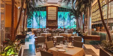Tropische Atmosphäre in einem der Restaurants in Valencia. Palmen und ein Wasserfall-Bild im Hintergrund schaffen ein einzigartiges Ambiente.