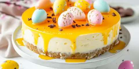 En läcker cheesecake påsk med gul glasyr och dekorerade påskägg. Perfekt för påskfirandet!