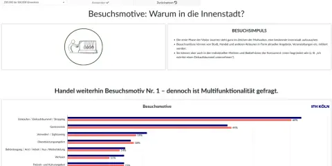 Balkendiagramm zeigt Besuchsmotive für die Stadtentwicklung in Deutschland. Einkaufen ist mit 60% am beliebtesten.