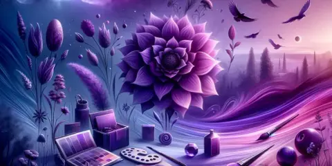 Artystyczna wizja, gdzie odcienie fioletu nazwy malują magiczny krajobraz. Kwiaty, ptaki i przybory malarskie w purpurowej krainie.
