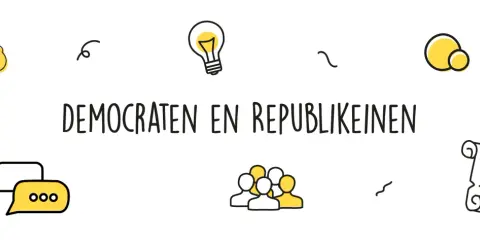 Illustratie met de tekst "DEMOCRATEN EN REPUBLIKEINEN", omringd door iconen van een kortingsbon, een gloeilamp, bubbels, mensen en een perkamentrol.