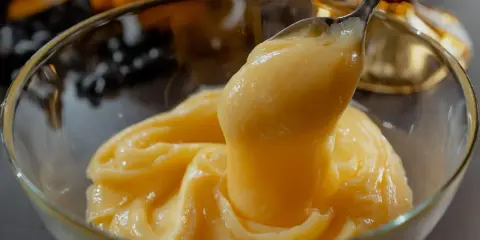 Cuillère prélevant une généreuse portion de crème pâtissière citron, onctueuse et dorée, dans un bol en verre. Des citrons flous en arrière-plan.