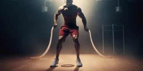 Muskulöser Mann in roten Shorts bereitet sich auf das Seilspringen lernen vor. Das Seil leuchtet.