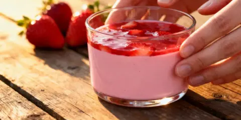 Délicieux panna cotta fraise, onctueux et fruité, servi dans un verre sur une table en bois. Des fraises fraîches sont disposées à côté.