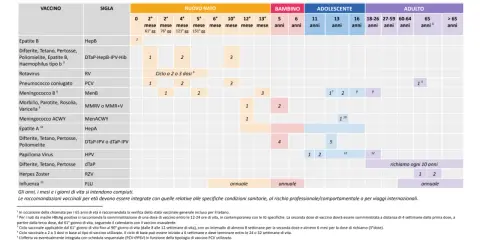 Calendario vaccinale per età: il vaccino MPRV è raccomandato per bambini e adolescenti, con richiami specifici.