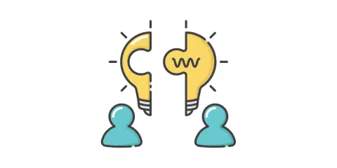 Dwie połówki żarówki symbolizujące pomysł, połączone przez dwie postacie. To metafora współpracy i innowacji w marketingu lateralnym.