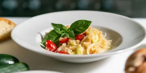 Panzanella, un classico dei piatti tipici toscani estivi, con pomodorini, cetrioli e basilico fresco.