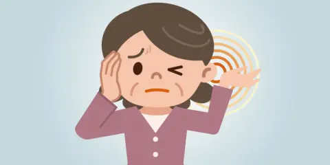 Donna con espressione sofferente, si tocca l'orecchio sinistro, dove si notano onde concentriche che indicano un fischio orecchio.