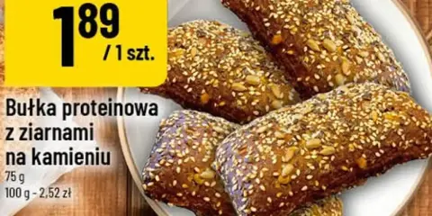 Bułka proteinowa z ziarnami, idealna na fitness, z niską zawartością kcal. Dino oferuje ją w super cenie.