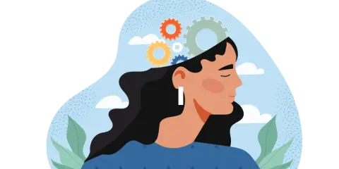 Profilo di donna con ingranaggi nella testa, simbolo di pensiero e sorpresa significato.
