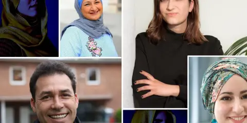 Fünf Frauen und ein Mann. Die Frauen tragen Kopftücher, die Frage "wer darf mich ohne Kopftuch sehen" wird durch die Vielfalt der Darstellungen aufgeworfen.
