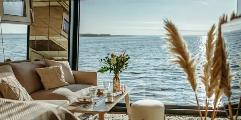 Przytulny salon z widokiem na wodę, idealny na nietypowe noclegi w Polsce. Sofa, stolik z kwiatami i puszysty dywan tworzą atmosferę relaksu.
