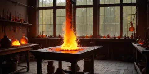 Ett glödande inferno i ett glasbruk i Småland. Verktyg och glasföremål väntar på att formas av elden.