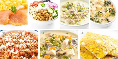Sieben leckere keto rezepte für jeden Tag der Woche: Rührei mit Lachs, Hähnchensalat, Linsensuppe, Brokkoli-Auflauf, Hackfleischpfanne, Hühner-Gemüse-Eintopf, Omelett.