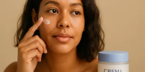 Donna applica crema idratante sul viso, prendendosi cura della sua pelle delicata. Un vasetto di crema è accanto a lei.