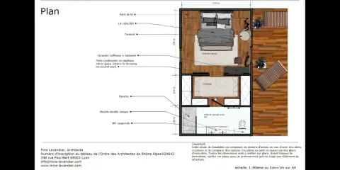 Plan d'une suite parentale en enfilade de 26m2, comprenant chambre, dressing, salle de douche et terrasse.