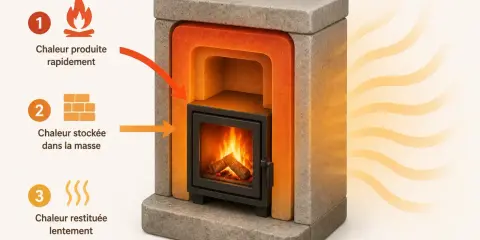 Le poêle de masse français, avec son cœur de feu, produit rapidement la chaleur qui est ensuite stockée dans sa masse pour une restitution lente et constante.