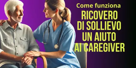 Un'infermiera sorride a un anziano, offrendo supporto. Il testo parla di ricovero di sollievo, un aiuto per chi assiste persone con demenza senile.