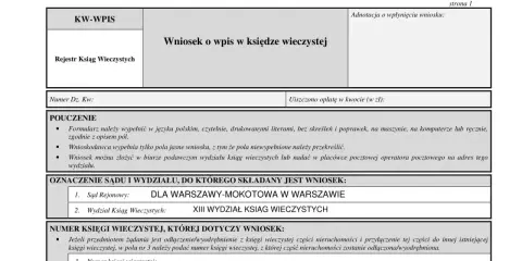 Formularz wniosku o wpis do księgi wieczystej, zawierający dane dotyczące sądu, numeru księgi wieczystej i pouczenia. Wniosek dotyczy zgody na wykreślenie hipoteki.