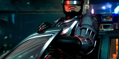 RoboCop, con su icónico casco, se prepara para la acción en este **robocop rogue city analisis**.