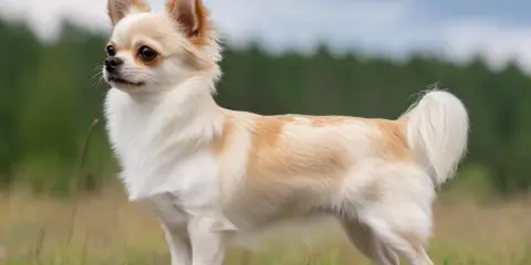 En långhårig chihuahua med ljus päls och bruna fläckar står i gräset. Dess chihuahua psyke lyser igenom i dess alerta blick.
