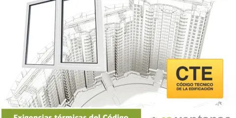 Ventana blanca de doble cristal frente a un boceto de edificio. El CTE exige eficiencia en las ventanas.