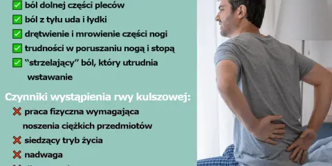 Mężczyzna z bólem w dolnej części pleców, trzymający się za krzyż.